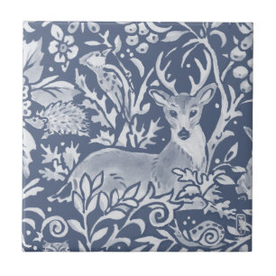 Denim Blue Hjort Woodland Forest Animal Ornate Kakelplatta