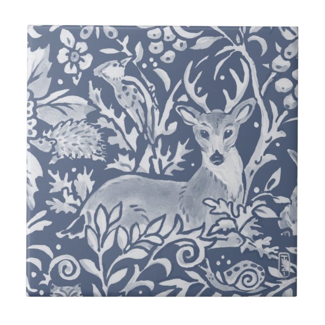 Denim Blue Hjort Woodland Forest Animal Ornate  Kakelplatta (Framsidan)