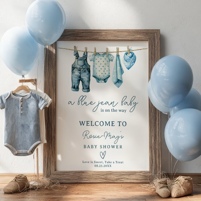 Denim Blue Jean Clothesline Baby Shower Välkommen Poster (Denim Blue Jean Clothesline Baby Shower Welcome Poster)