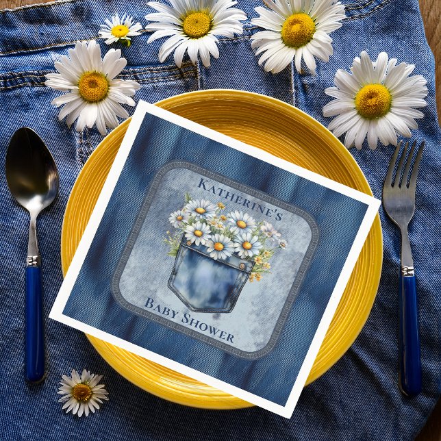 Denim Blue Jean | Daisy Blommigt Baby Shower Pappersservett (Blue Jean Pocket Denim and Daisies Baby Shower Paper Napkins)