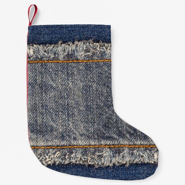 Denim Blue Jeans: Avslappnad Dubbla Patch Liten Julstrumpa (Framsidan)