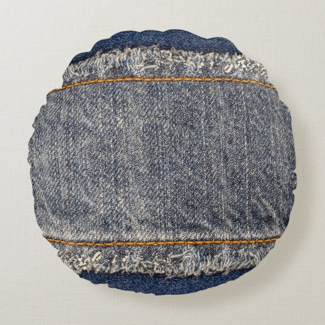 Denim Blue Jeans: Avslappnad Dubbla Patch Rund Kudde (Framsidan)