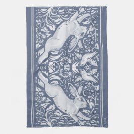 Denim Blue Leaping Rabbit Bird Blommigt Woodland K Kökshandduk