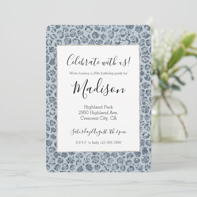 Denim Blue Leopard Print Glitter Inbjudningar (Stående Fram)
