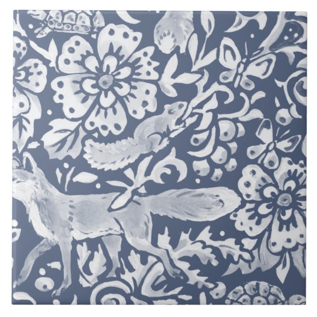 Denim Blue MURAL Woodland Animal Fox Grund Höger  Kakelplatta (Framsidan)