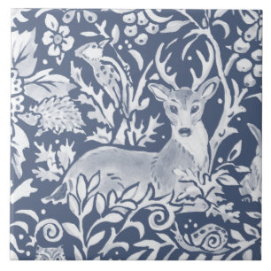 Denim Blue MURAL Woodland Animal Hjort Top Lämnat Kakelplatta