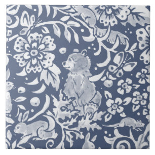 Denim Blue MURAL Woodland Bear Top Höger Ceramic Kakelplatta