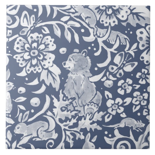 Denim Blue MURAL Woodland Bear Top Höger Ceramic  Kakelplatta (Framsidan)