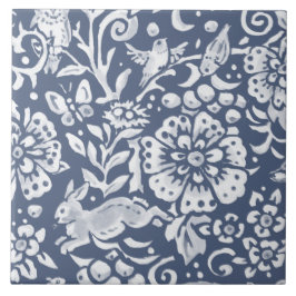 Denim Blue MURAL Woodland Rabbit Grund Lämnat Cera Kakelplatta