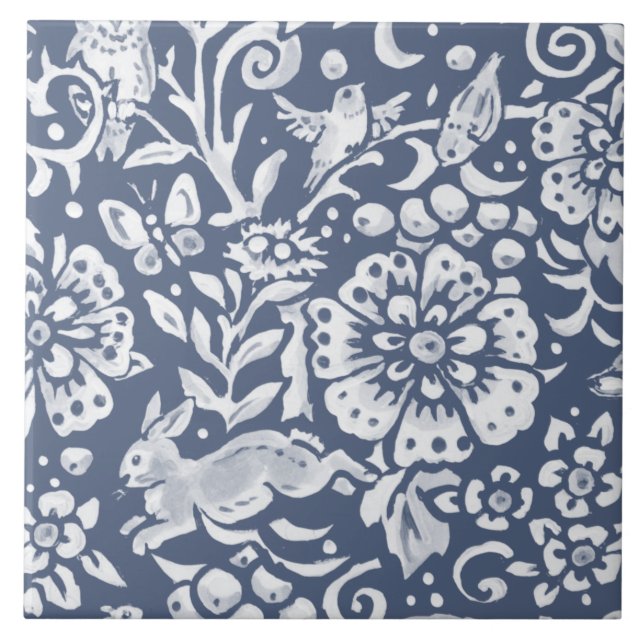 Denim Blue MURAL Woodland Rabbit Grund Lämnat Cera Kakelplatta (Framsidan)
