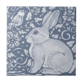 Denim Blue Rabbit Bird Blommigt Dedham Delft Kakelplatta