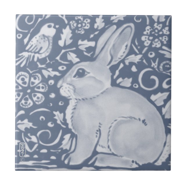 Denim Blue Rabbit Bird Blommigt Dedham Delft Kakelplatta (Framsidan)