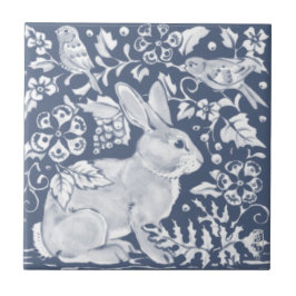 Denim Blue Rabbit Bunny Birds Blommigt Dedham Delf Kakelplatta