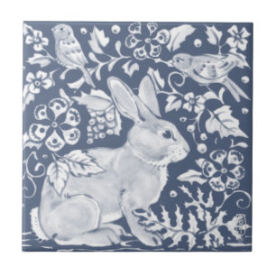 Denim Blue Rabbit Bunny Birds Blommigt Dedham Delf Kakelplatta