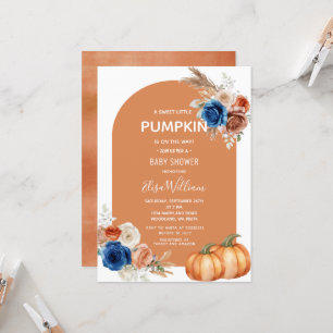 Denim Blue Rust Orange Pumpkin Blommigt Baby Showe Inbjudningar