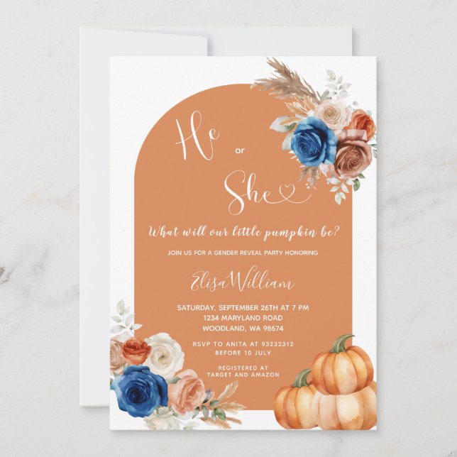 Denim Blue Rust Orange Pumpkin Gender Reveal Inbjudningar (Framsida)
