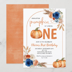 Denim Blue Rustic Pumpkin 1:a födelsedagsinbjudan Inbjudningar