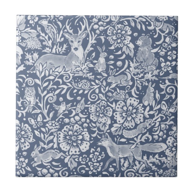 Denim Blue Woodland Animal Forest Hjort Rabbit Kakelplatta (Framsidan)