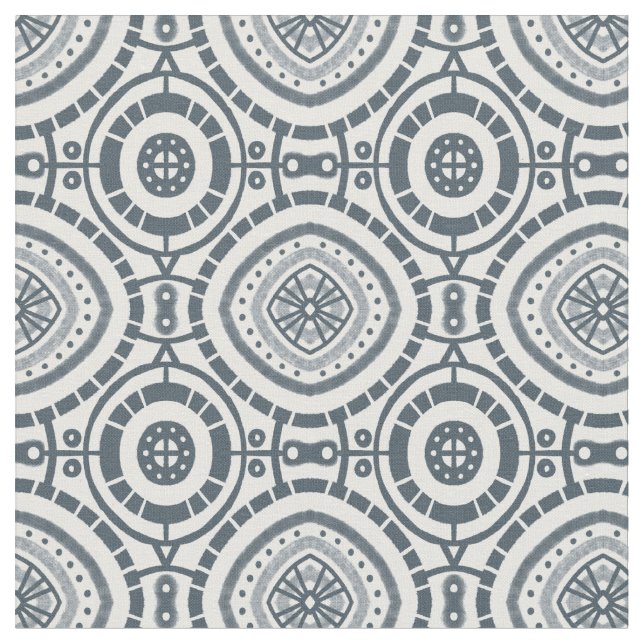 Denim Circular Geometric Tile Mönster Tyg (Närbild)