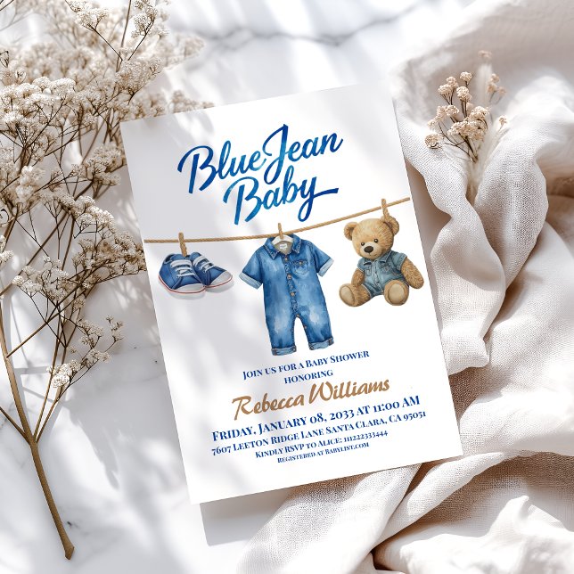 Denim Clothesline Boy Blue Jean Baby Shower Inbjudningar (Skapare uppladdad)