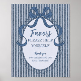 Denim Coquette Bow Blå Jean Baby Favors Skylt