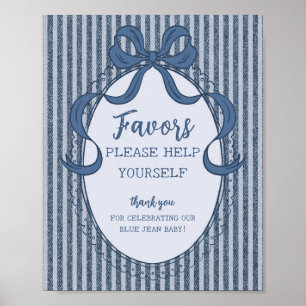 Denim Coquette Bow Blå Jean Baby Favors Skylt