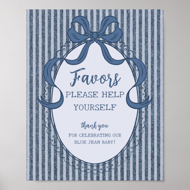 Denim Coquette Bow Blå Jean Baby Favors Skylt (Framsidan)