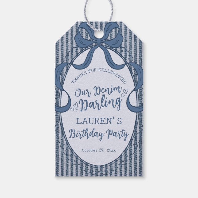 Denim Coquette Bow Blå Jean Baby Födelsedagspresen Presentetikett (Framsidan)