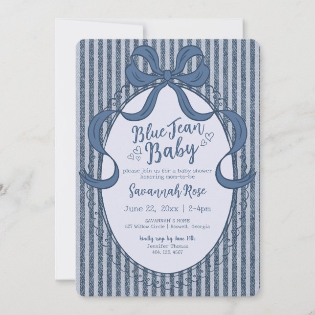 Denim Coquette Bow Blå Jean Baby Shower Inbjudningar (Framsida)