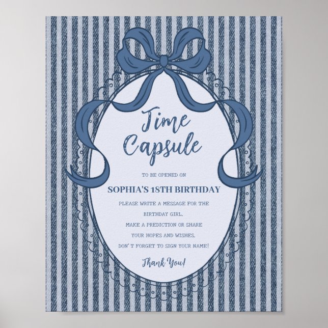 Denim Coquette Bow Blå Jean Födelsedagstidskapsel Poster (Framsidan)