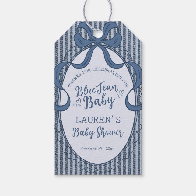 Denim Coquette Bow Blue Jean Baby Shower Favors Presentetikett (Framsidan)