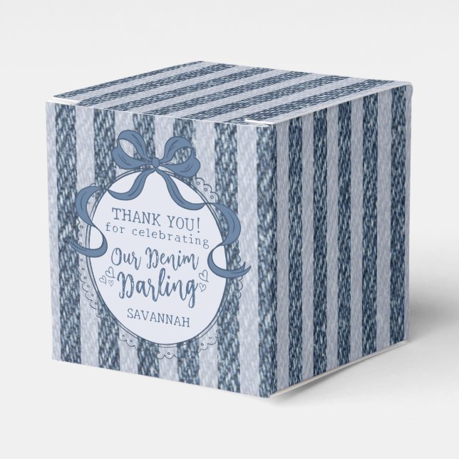 Denim Coquette Bow Blue Jean Birthday Favor Box Presentaskar (Framsidan Sidan)