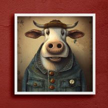 Denim Dapper Cow - Lusande ko i en Poster dräkt