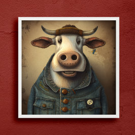 Denim Dapper Cow - Lusande ko i en Poster dräkt