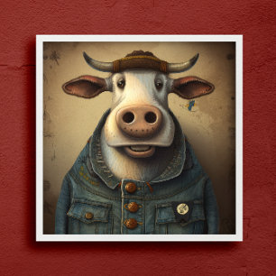 Denim Dapper Cow - Lusande ko i en Poster dräkt