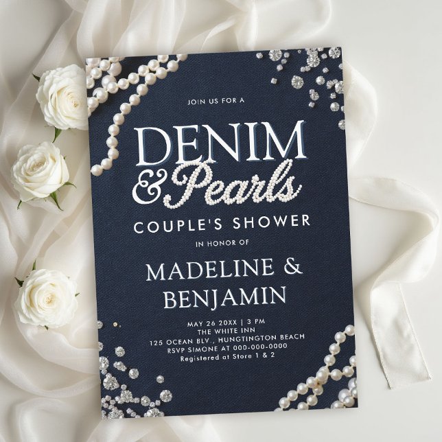Denim Diamanter Pärlor Blå Rustik Bröllopsdusch Inbjudningar (denim diamonds pearls wedding shower invitations template couple bridal western country rustic)