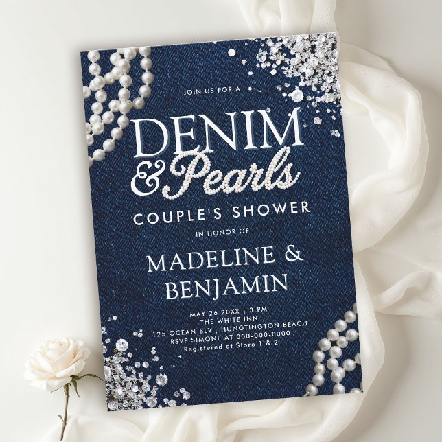 Denim Diamanter Pärlor Blå Vit Par Bröllopsfest Inbjudningar (denim diamonds pearls wedding shower invitations template couple bridal western country chic)