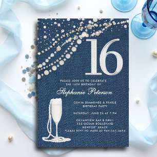 Denim Diamanter Pärlor Champagne ElegantSöt 16 Inbjudningar