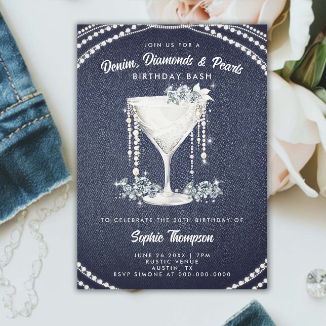 Denim Diamanter Pärlor Champagne Födelsedagsfest Inbjudningar (denim diamonds pearls birthday party invitation elegant classy champagne bling glam glitz sparkle)