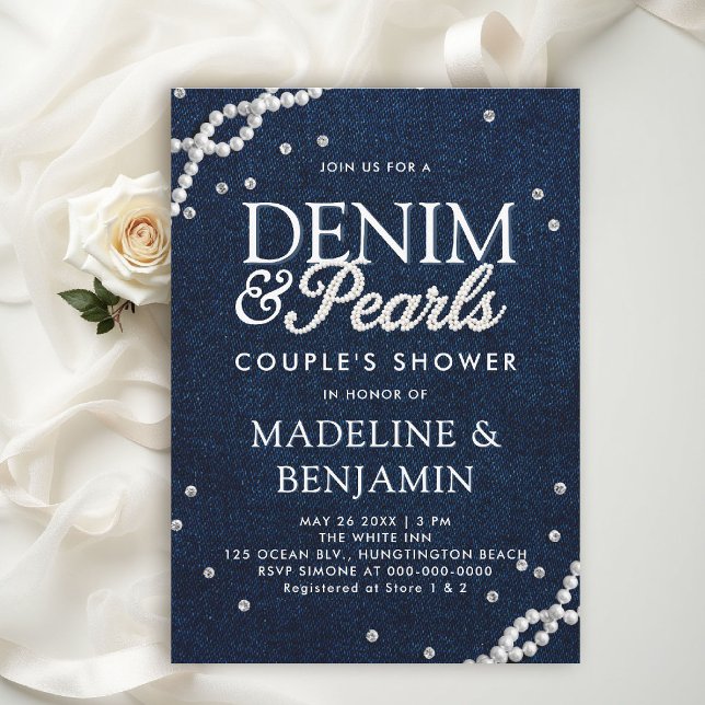 Denim Diamanter Pärlor Elegant Blå Par Dusch Inbjudningar (denim and diamonds wedding shower invitations template couple bridal western country chic)