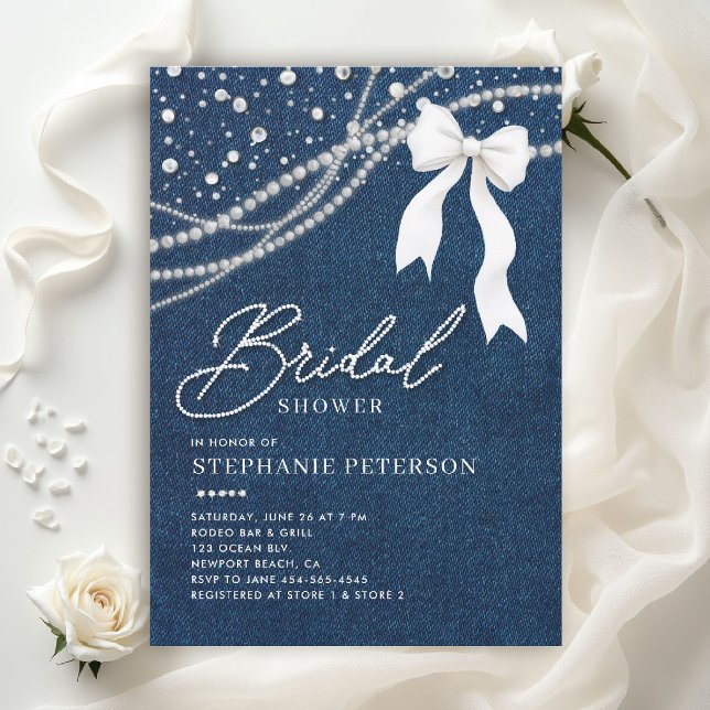 Denim Diamanter Pärlor Vit Slinga Bröllopsfest Inbjudningar (denim and diamonds bridal shower invitations template blue white bow western country rustic)