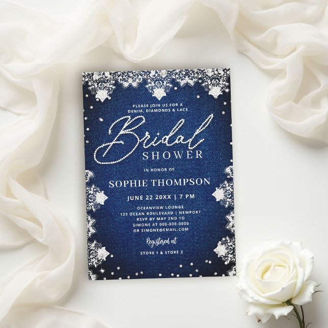Denim Diamanter Spets Blå Elegant Bröllopsfest Inbjudningar (denim diamonds and lace bridal shower invitations template blue and white elegant classy chic)