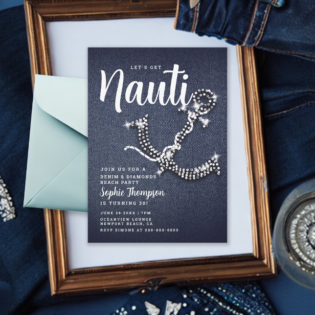 Denim Diamond Anchor Get Nauti Födelsedagsfest Inbjudningar (Denim and Diamonds Boat Anchor 30th Birthday Party Invitation Jeans Bling Glitter Elegant Classy)
