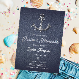 Denim Diamond Bling Anchor Nautical Födelsedagsfes Inbjudningar