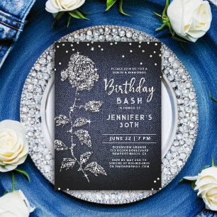 Denim Diamond Bling Ro Indigo Blue 30års födelseda Inbjudningar