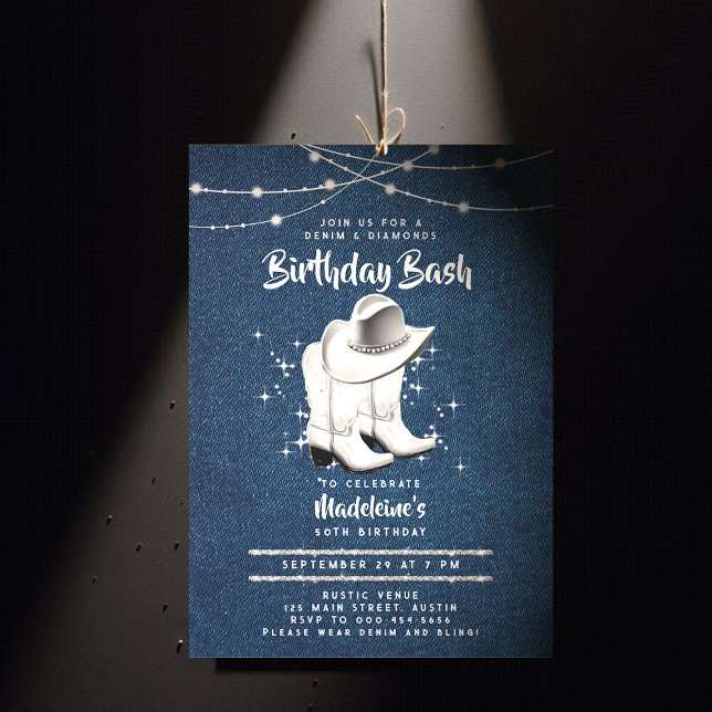 Denim Diamond Cowgirl Hat Boots Chic 50:e födelsed Inbjudningar (denim diamonds 50th birthday invitation for women elegant classy rhinestone cowgirl boots hat)