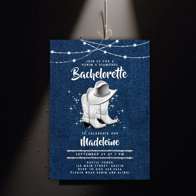 Denim Diamond Cowgirl Hat Boots Chic Bachelorette Inbjudningar (denim and diamonds bachelorette party invitation white cowgirl boots hat rhinestones rustic chic)