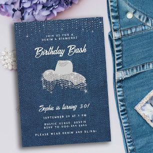 Denim Diamond Cowgirl Hat Rhinestone 30års födelse Inbjudningar