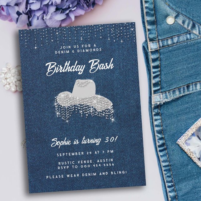 Denim Diamond Cowgirl Hat Rhinestone 30års födelse Inbjudningar (denim and diamonds 30th birthday women elegant classy stylish jean cowgirl hat western country)