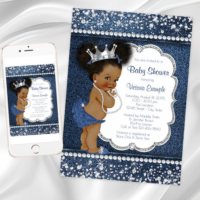 Denim Diamond Girls African American Baby Shower Inbjudningar (Denim and diamonds baby shower invitation. Instant download and printed invitations available.)